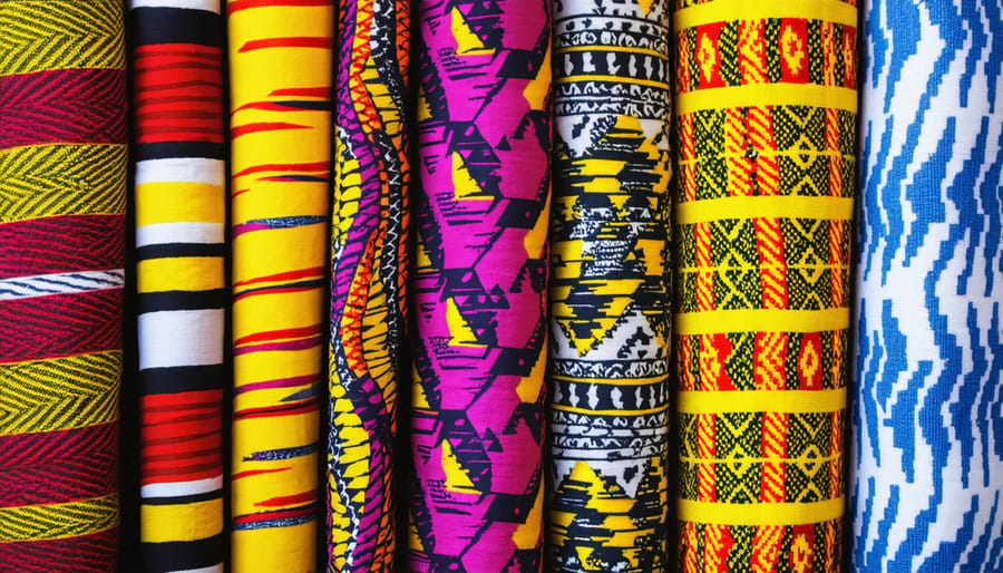 Various African textiles showcasing colorful patterns and designs.