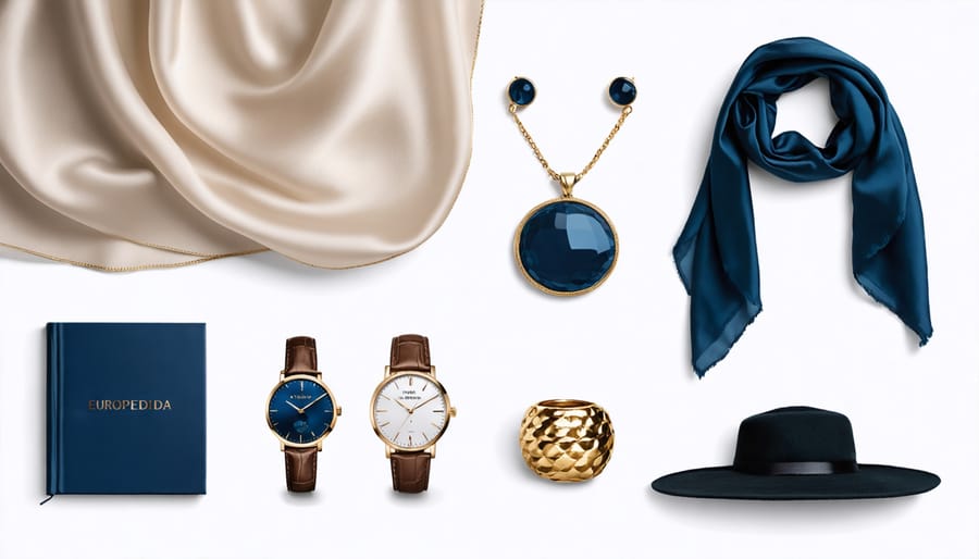 Elegant European accessories including silk scarves and fine watches