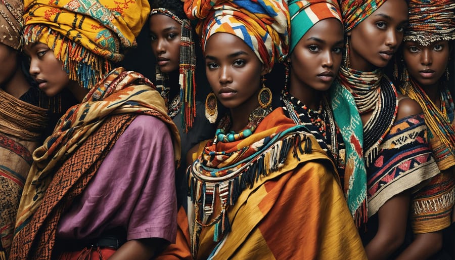 A montage depicting diverse global fashion, including colorful African textiles, Asian silk scarves, and artisan accessories, representing ethical and sustainable craftsmanship.