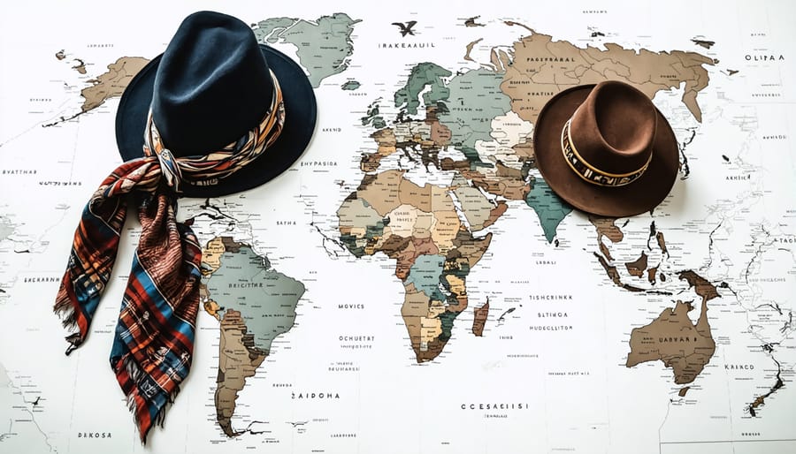 A variety of international fashion accessories presented on a world map to symbolize global fashion trends