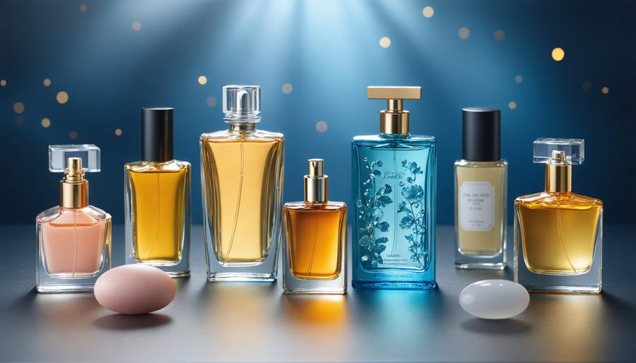 Fragrance bottles and cosmetic products aligned with international trends.