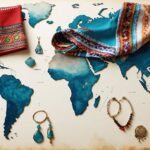 A collage of international fashion accessories including South American scarves, Asian jewelry, and minimalist Asian accessories overlaid on a world map symbolizing global fashion diversity.