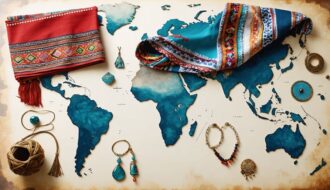 A collage of international fashion accessories including South American scarves, Asian jewelry, and minimalist Asian accessories overlaid on a world map symbolizing global fashion diversity.