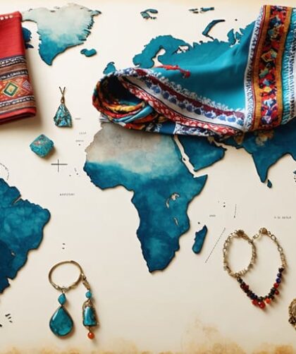 A collage of international fashion accessories including South American scarves, Asian jewelry, and minimalist Asian accessories overlaid on a world map symbolizing global fashion diversity.