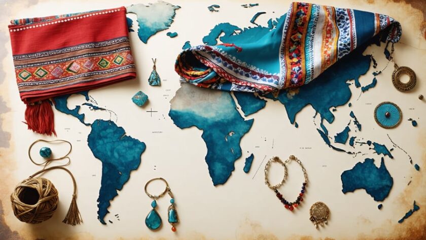 A collage of international fashion accessories including South American scarves, Asian jewelry, and minimalist Asian accessories overlaid on a world map symbolizing global fashion diversity.